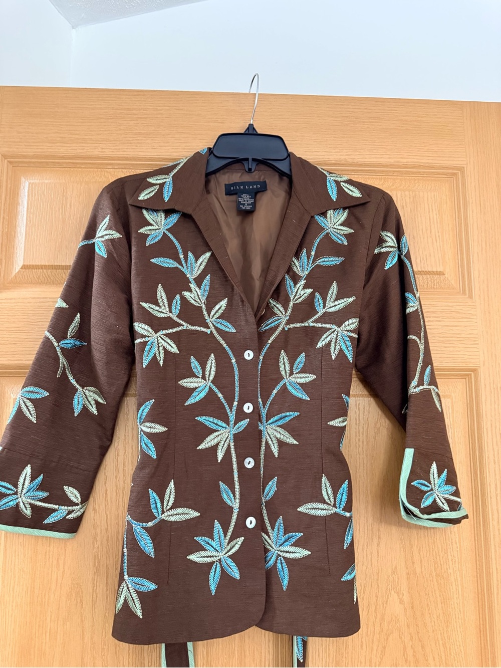 SilkLand Brown Jacket with Turquoise & Cream Floral Embroidery